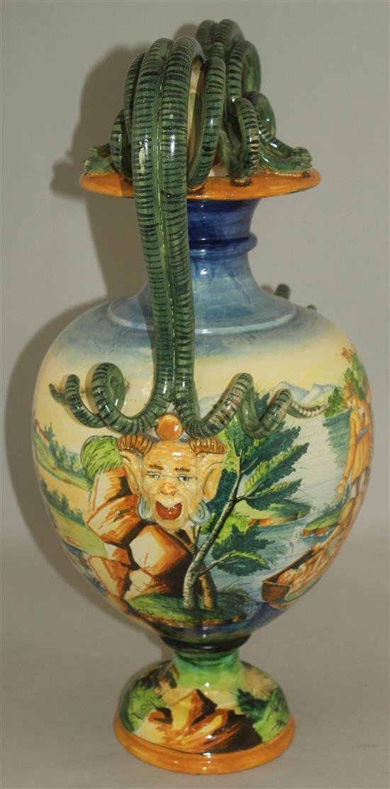 A Cantagalli style maiolica twin handled vase, late 19th / early 20th century, 54.5cm